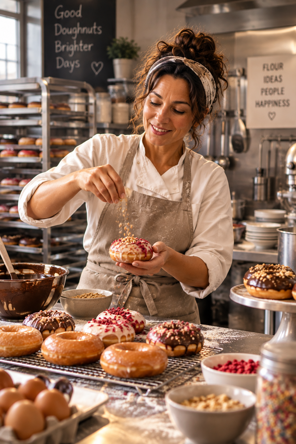 Chef Brittanni Seymour decorating doughnuts in the kitchen