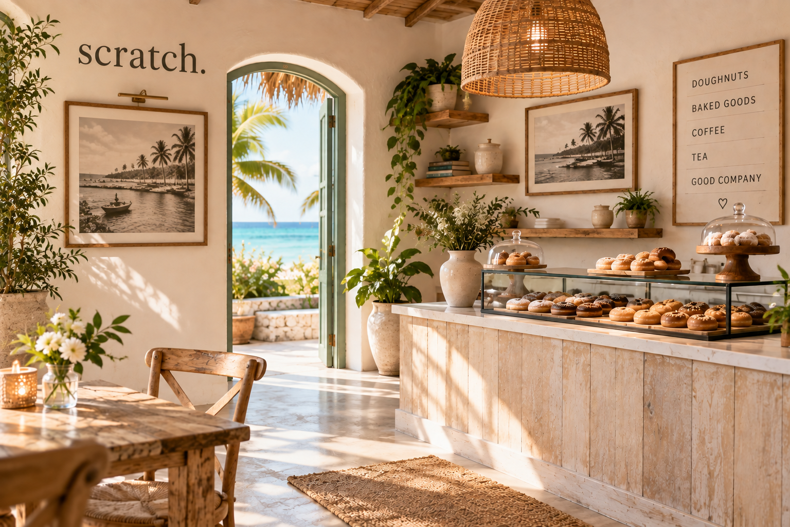 Sunlit Scratch Bakery interior with the doughnut counter, Cayman photographs and sea view